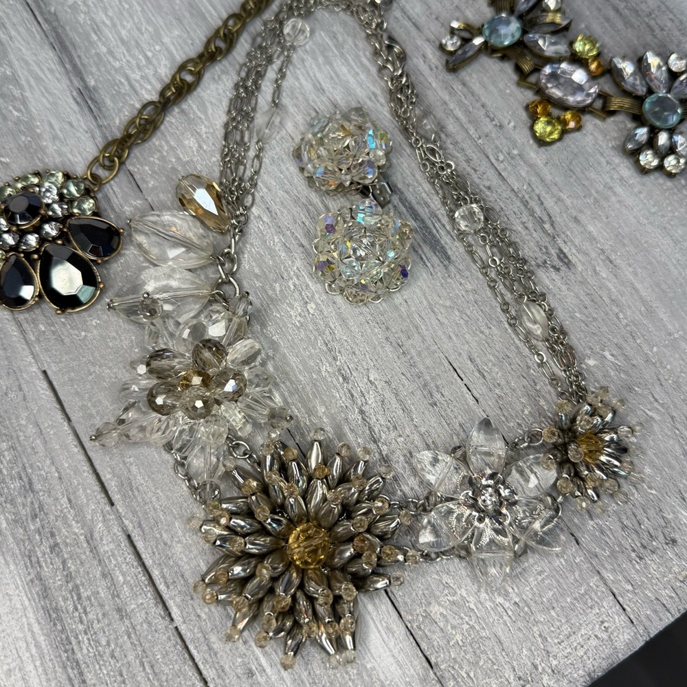 Floral Crystal Necklace in Silver and Gold with earrings